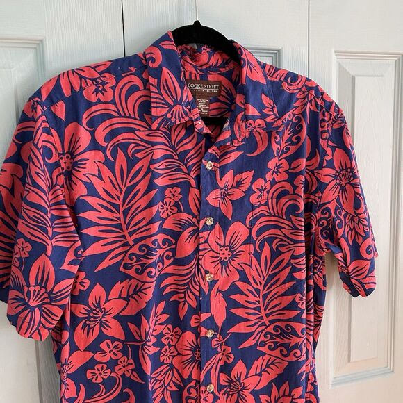 Cooke Street Mens Hawaiian Short Sleeve Button Up Medium Collared Red Blue - Picture 2 of 7